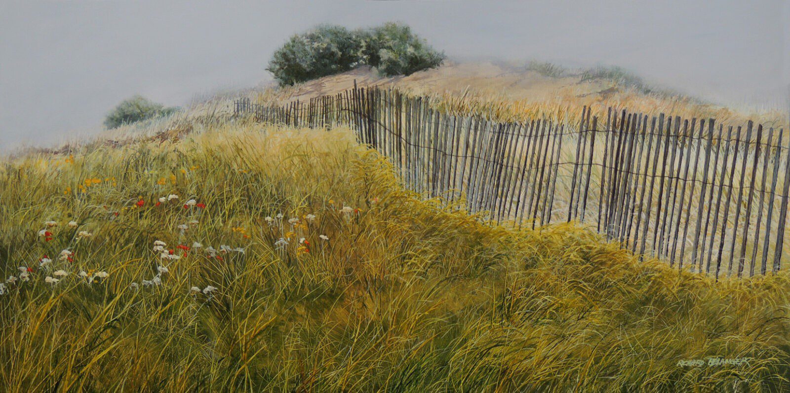 A painting of a grassy hill with a fence.