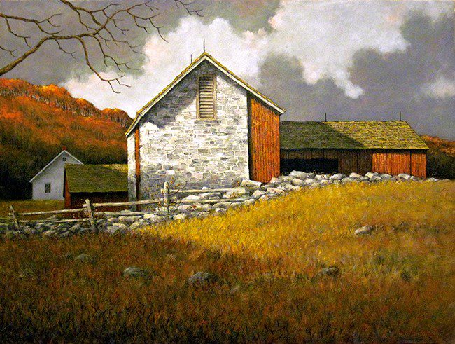 A painting of a barn in the countryside.