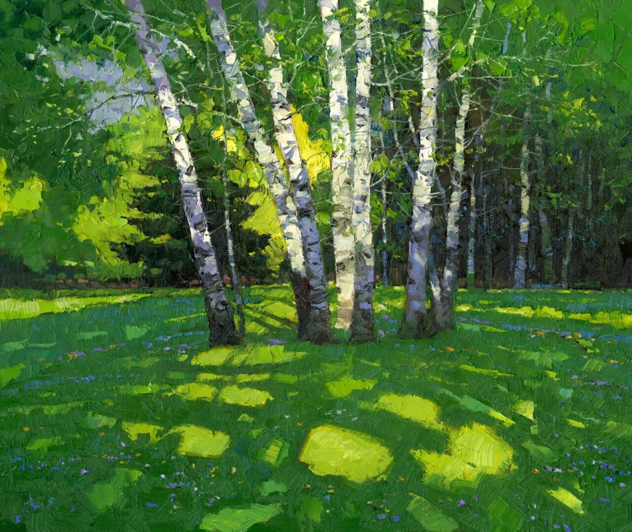 A painting of birch trees in a green field.