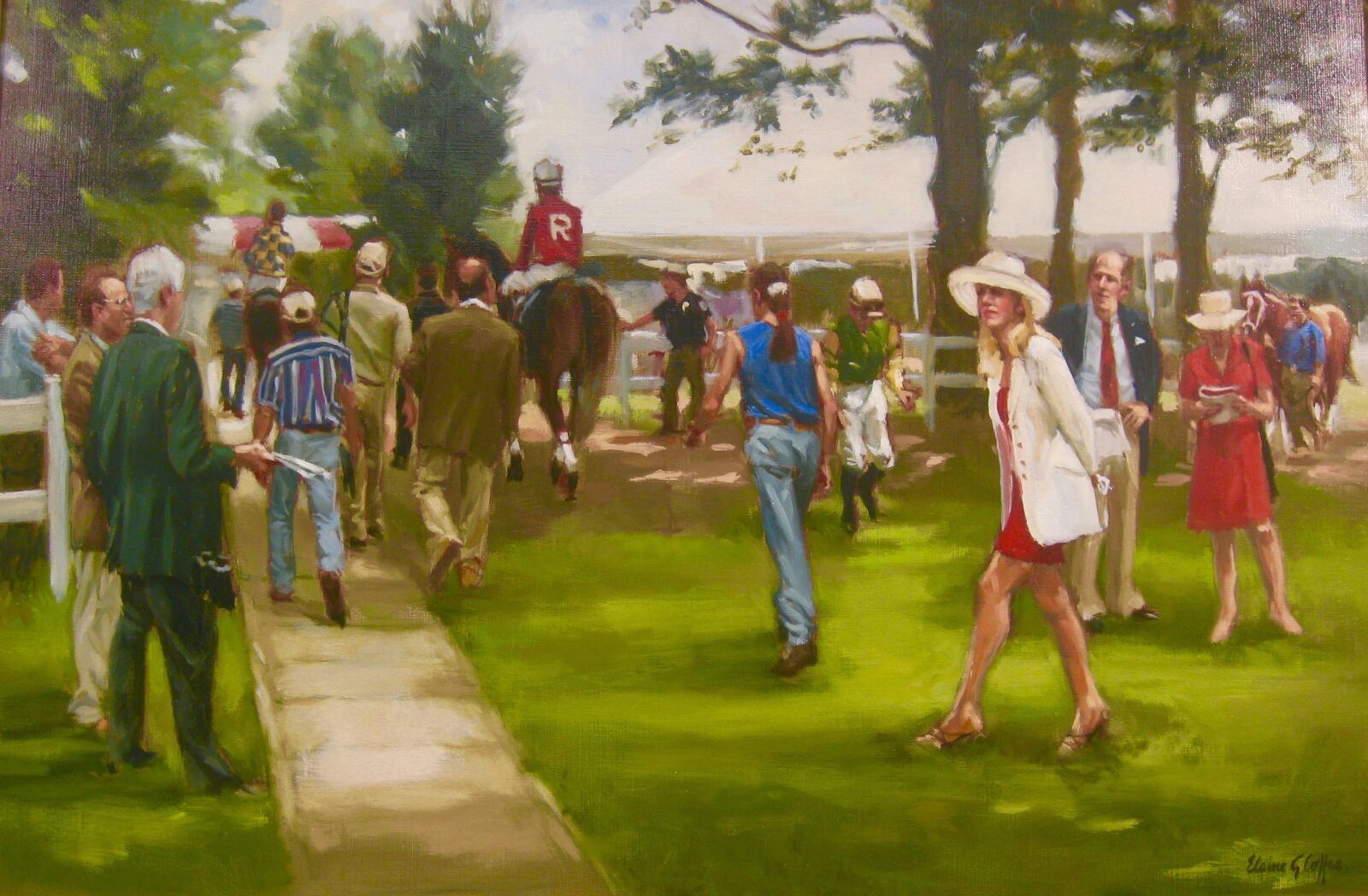 A painting of people at a horse race.
