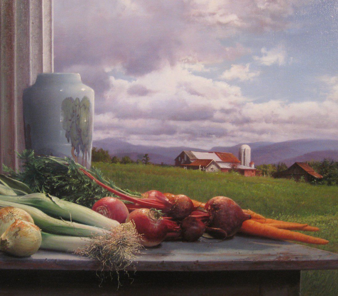 A painting of vegetables on a window sill.