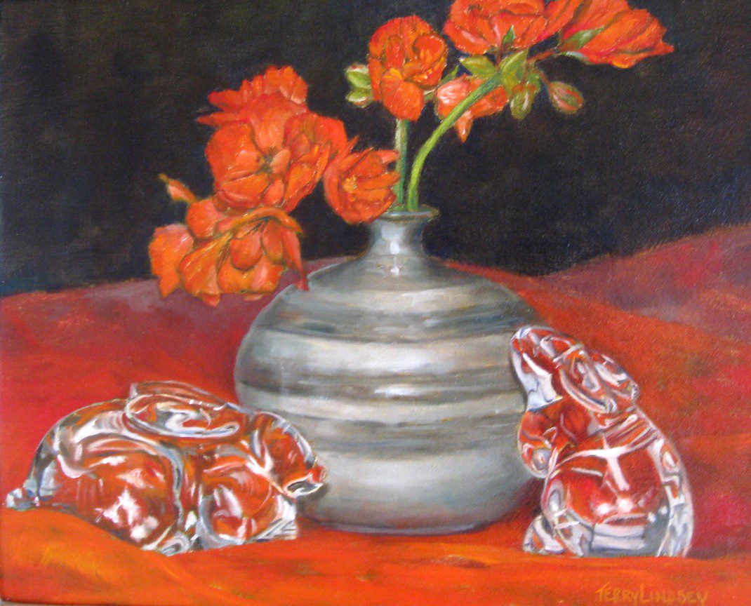A painting of a vase of flowers on a red cloth.
