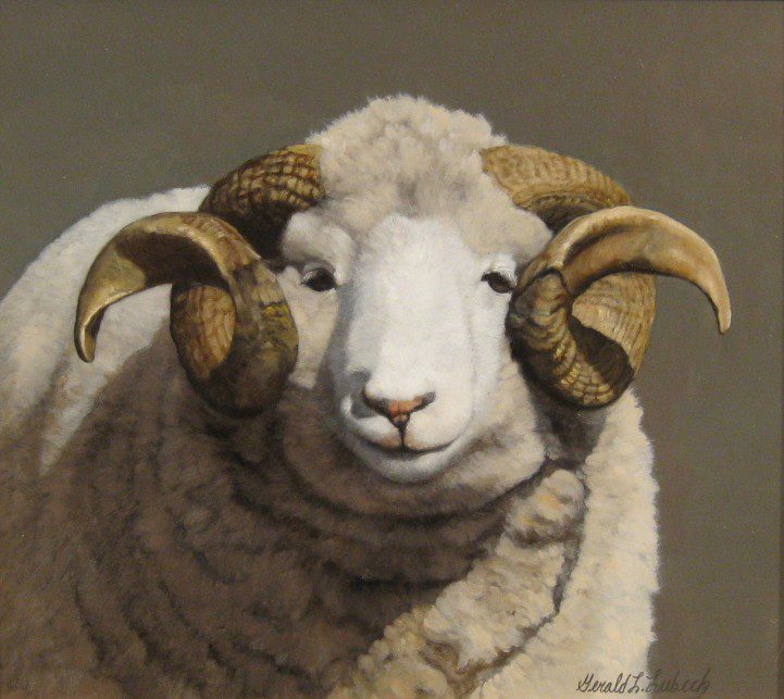 A painting of a sheep with large horns.
