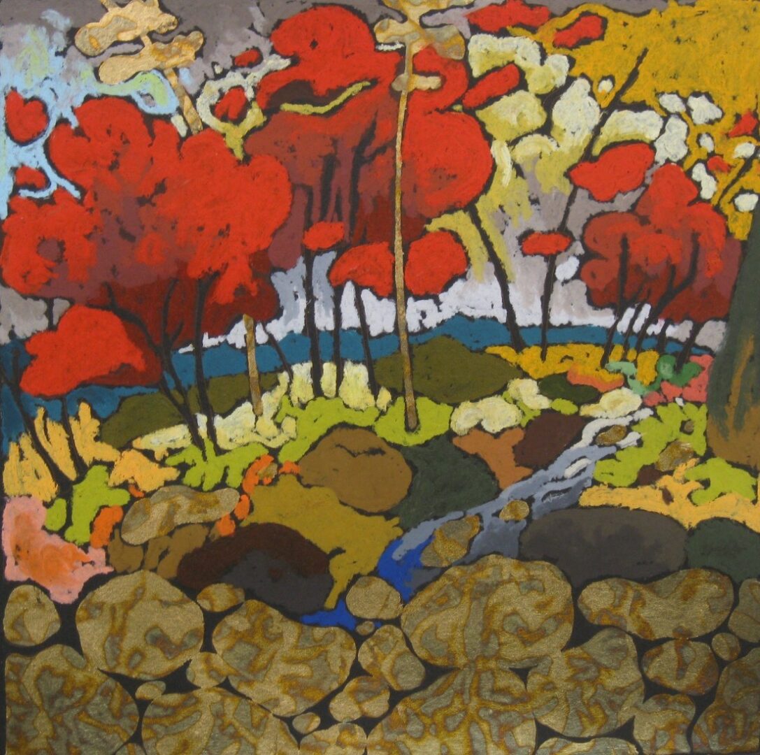 A painting with red trees and rocks in the background.