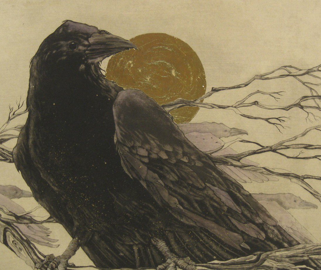 A drawing of a raven sitting on a branch.
