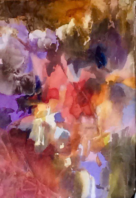 A watercolor painting with purple, orange, and brown colors.