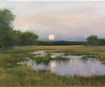 A painting of a moon rising over a marsh.
