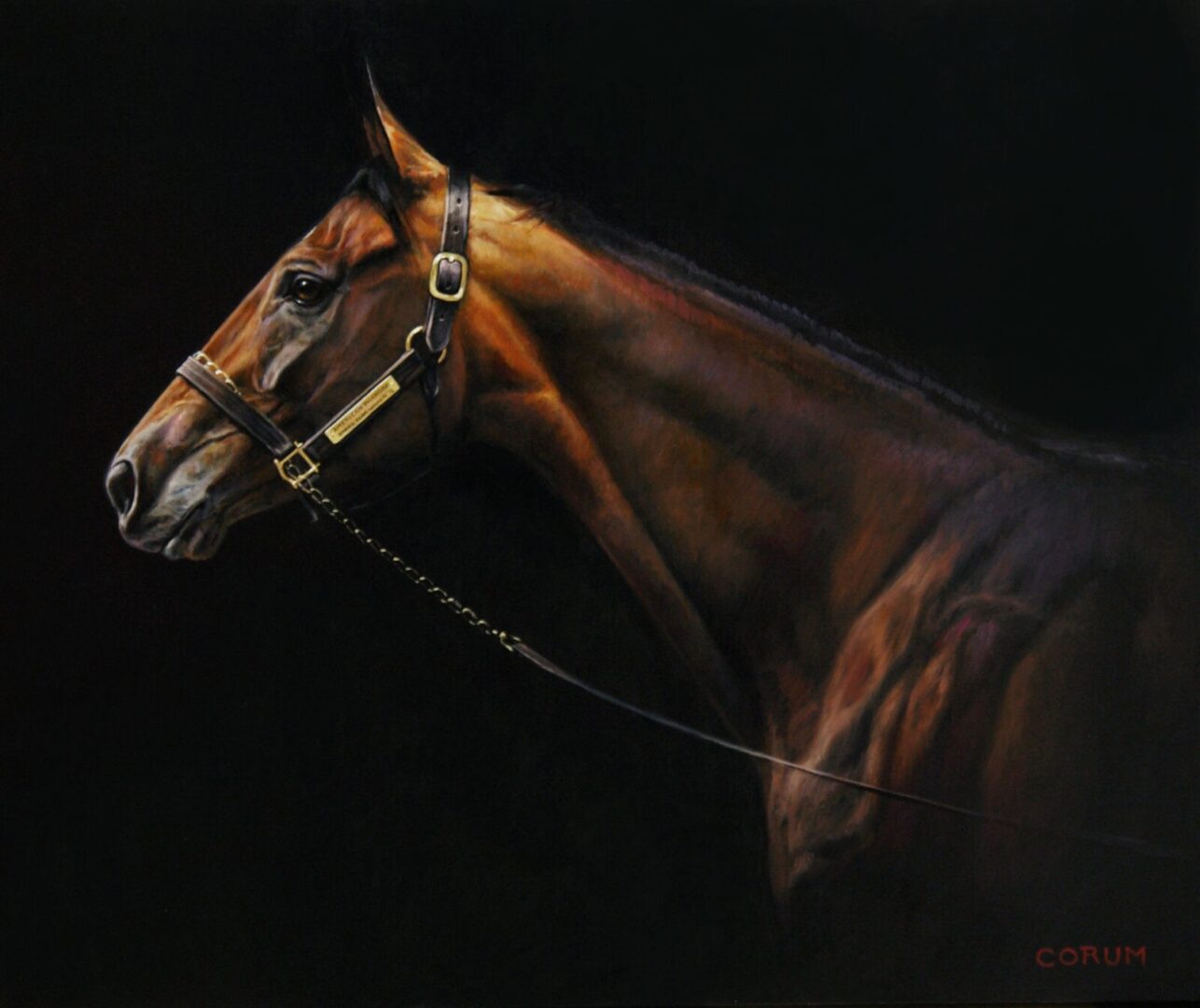 A painting of a brown horse with a bridle.