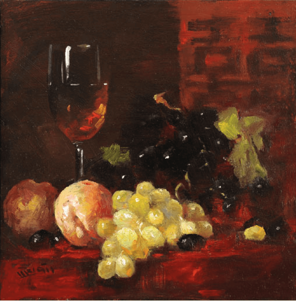 A painting of grapes and a glass of wine.