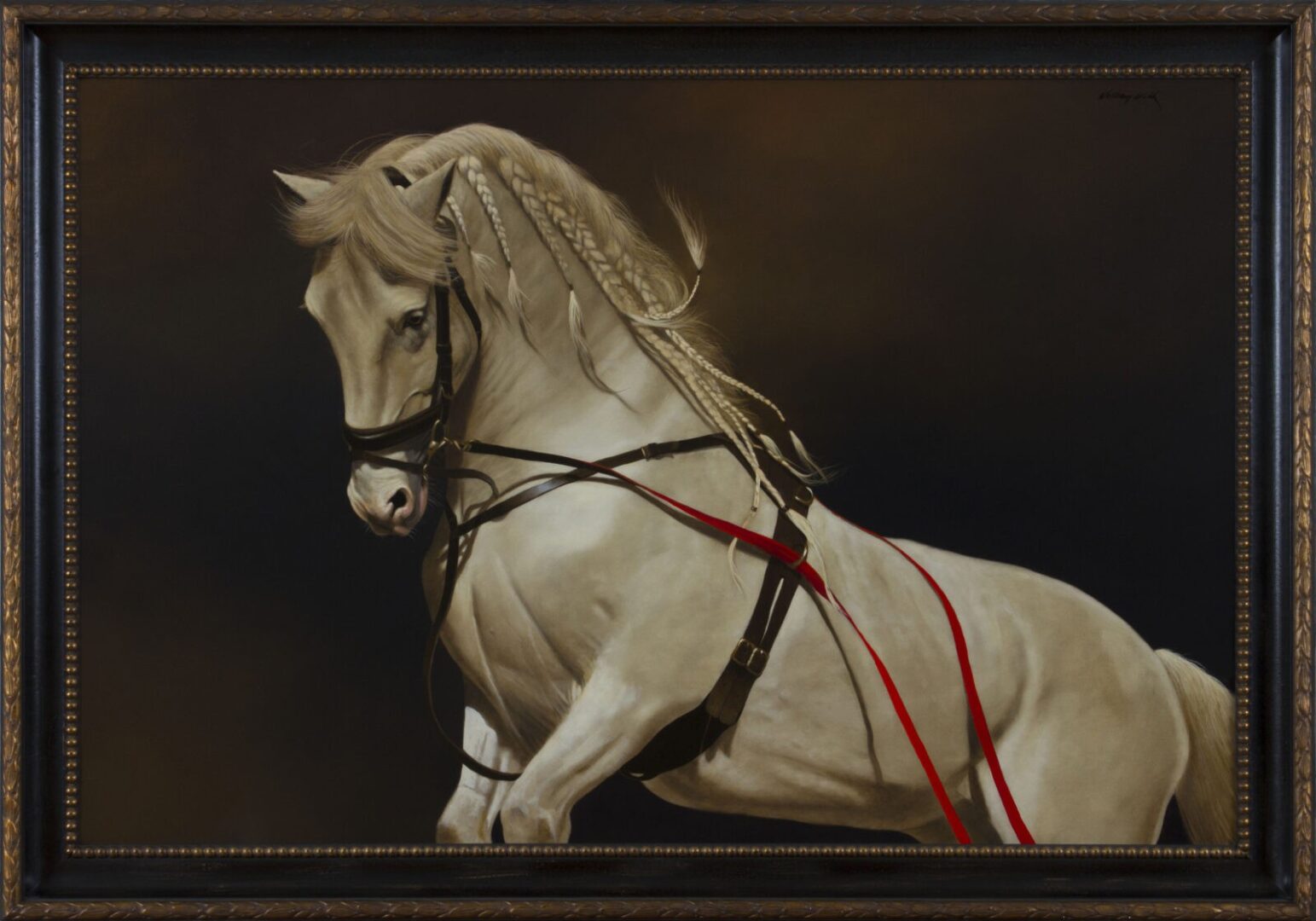 A painting of a white horse with a red ribbon.