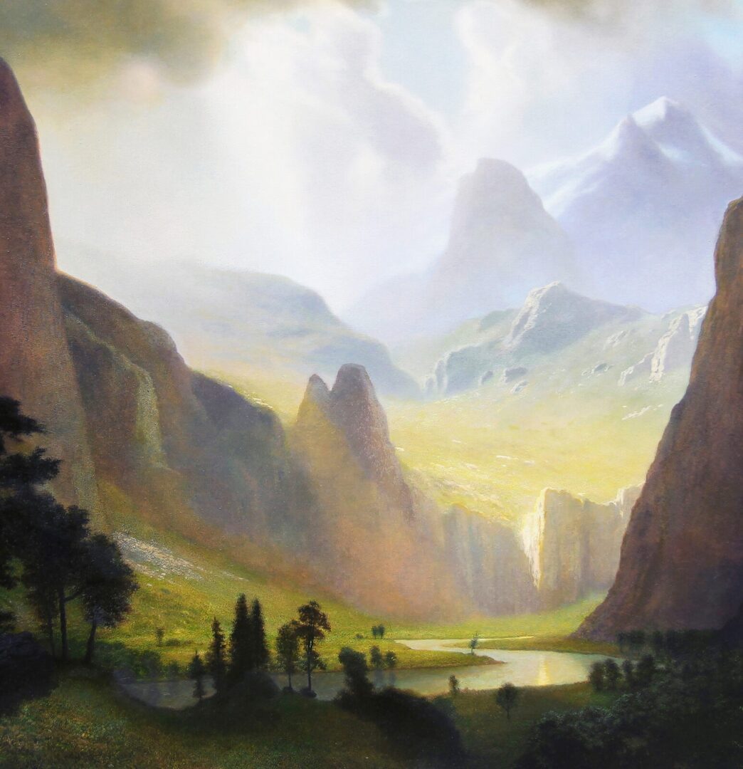 A painting of a valley with mountains in the background.