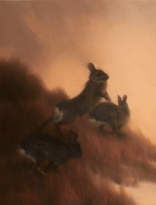 A painting of two rabbits running on a hill.