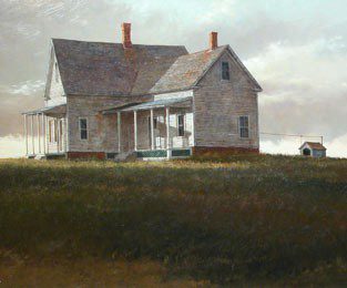 A painting of a house in the middle of a field.