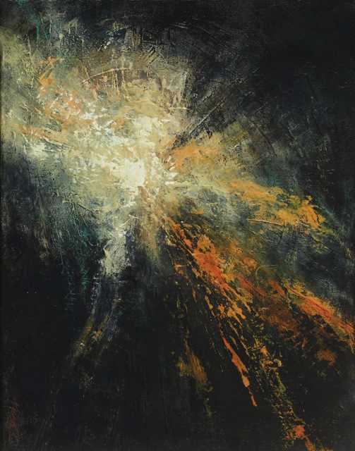 A painting of a black and orange painting.