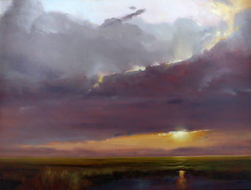 A painting of a sunset over a marsh.
