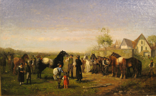 A painting of people and horses in a field.