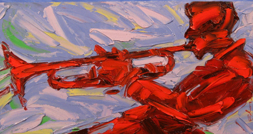 A painting of a man playing a trumpet.