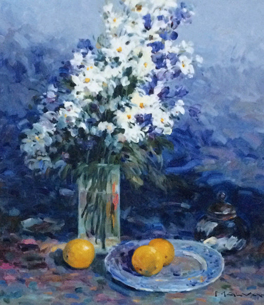 A painting of lemons and daisies in a vase.