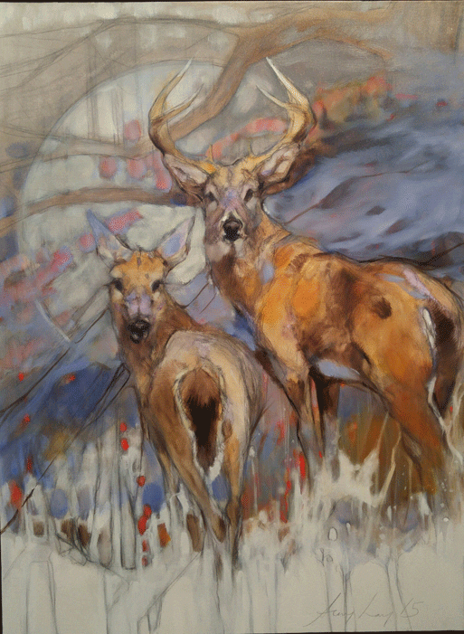 A painting of two deer in the snow.