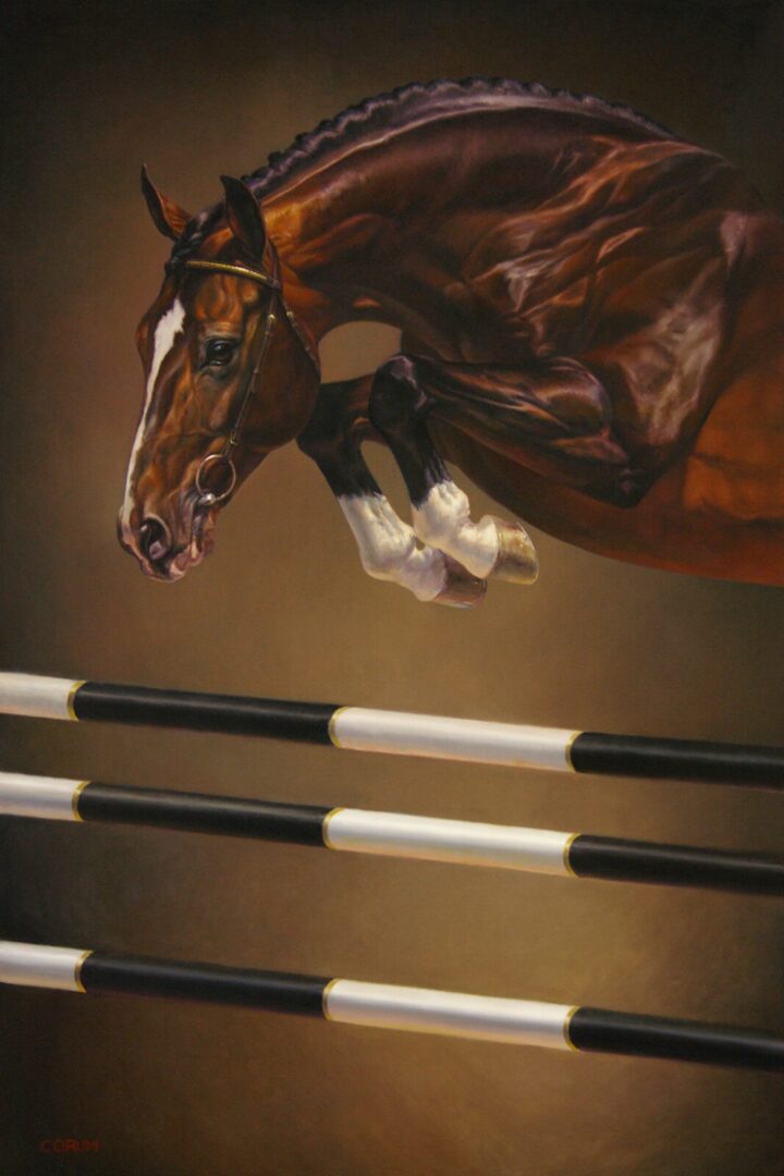 A painting of a horse jumping over an obstacle.