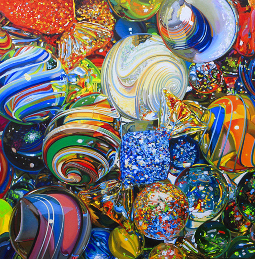A painting of a bunch of colorful glass balls.