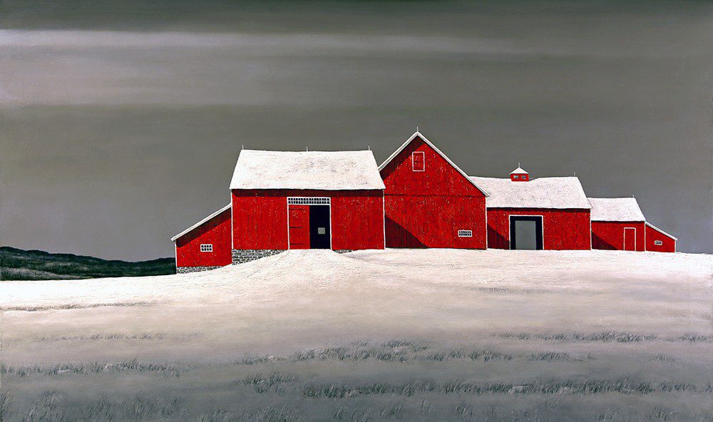 A painting of a red barn in the snow.
