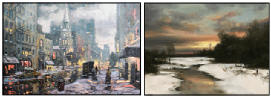 Two paintings of a city with snow on the ground.