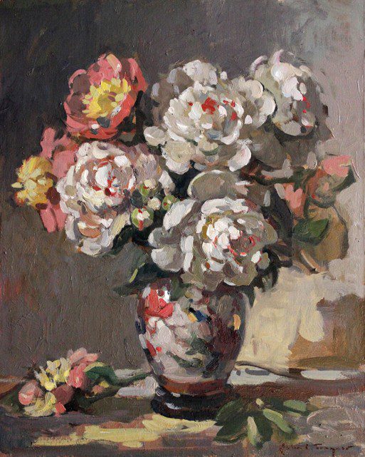 A painting of flowers in a vase.