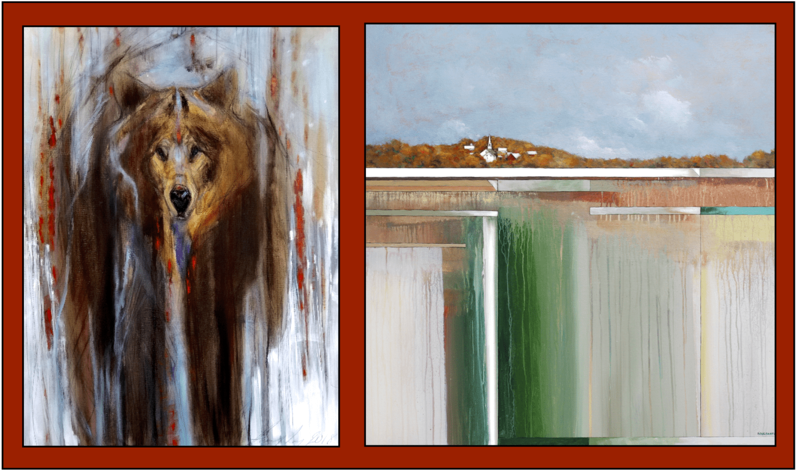 Two paintings of a bear and a mountain.