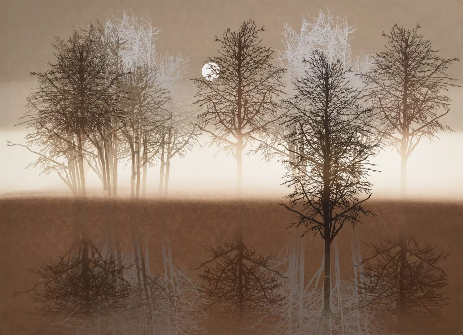 A painting of trees with a moon in the background.