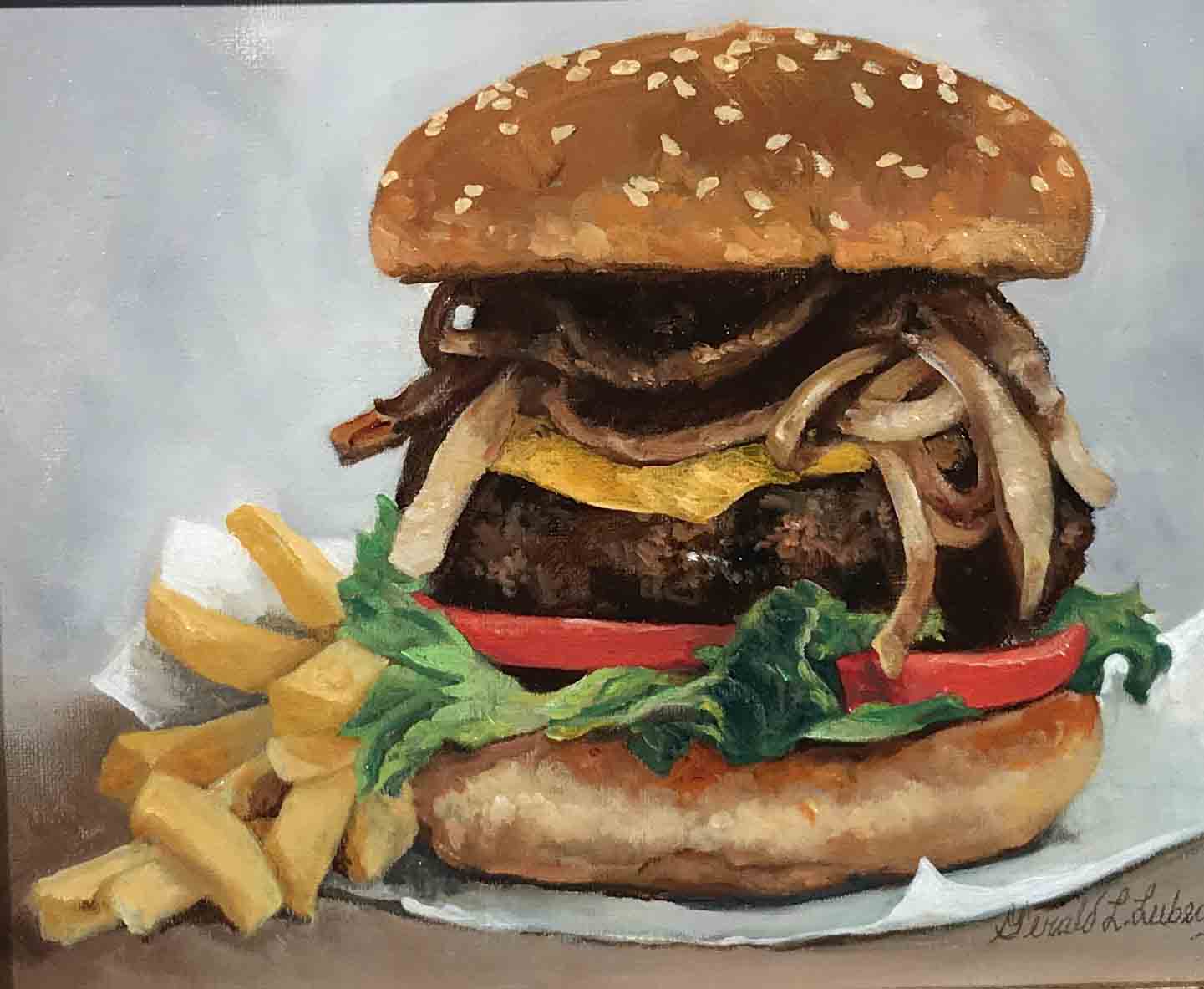 A painting of a hamburger with onions and fries.