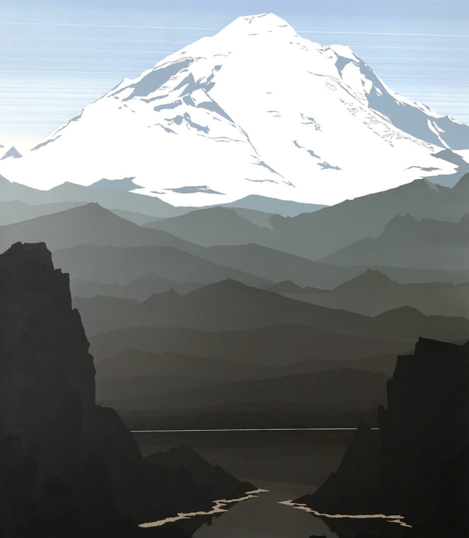A painting of a mountain with a river in the background.