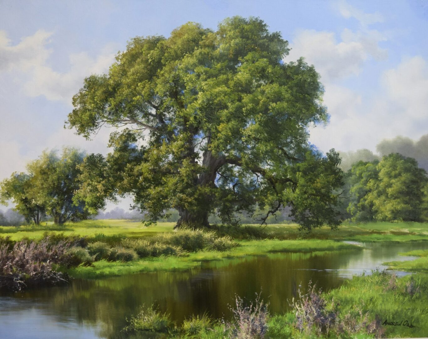 A painting of a river and a tree.