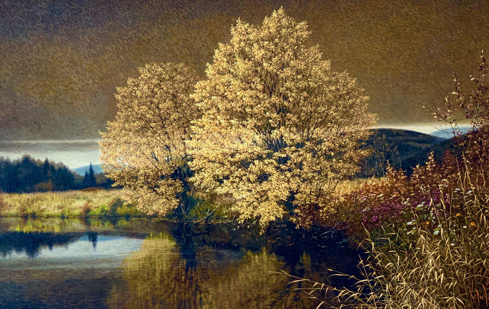 A painting of two trees by a lake.