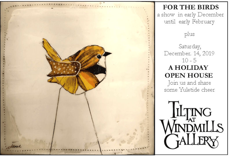 A poster for a holiday open house at the tilingmill gallery.
