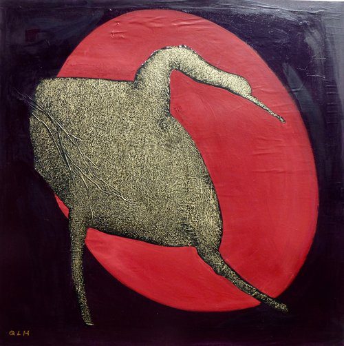 A painting of a golden giraffe on a red background.