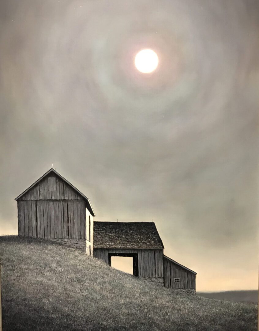 A painting of a barn on a hill with the sun behind it.