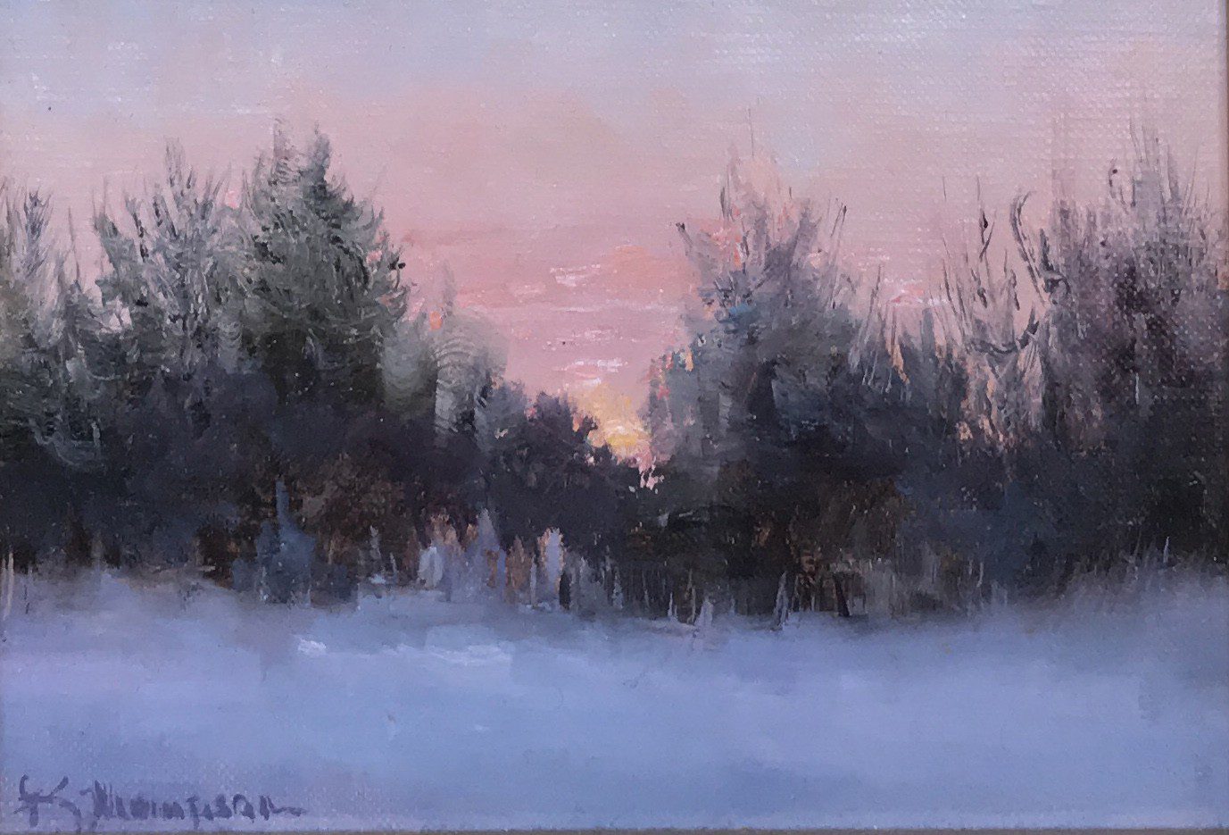 A painting of a snowy landscape with trees in the background.