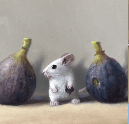 A painting of a mouse next to some figs.