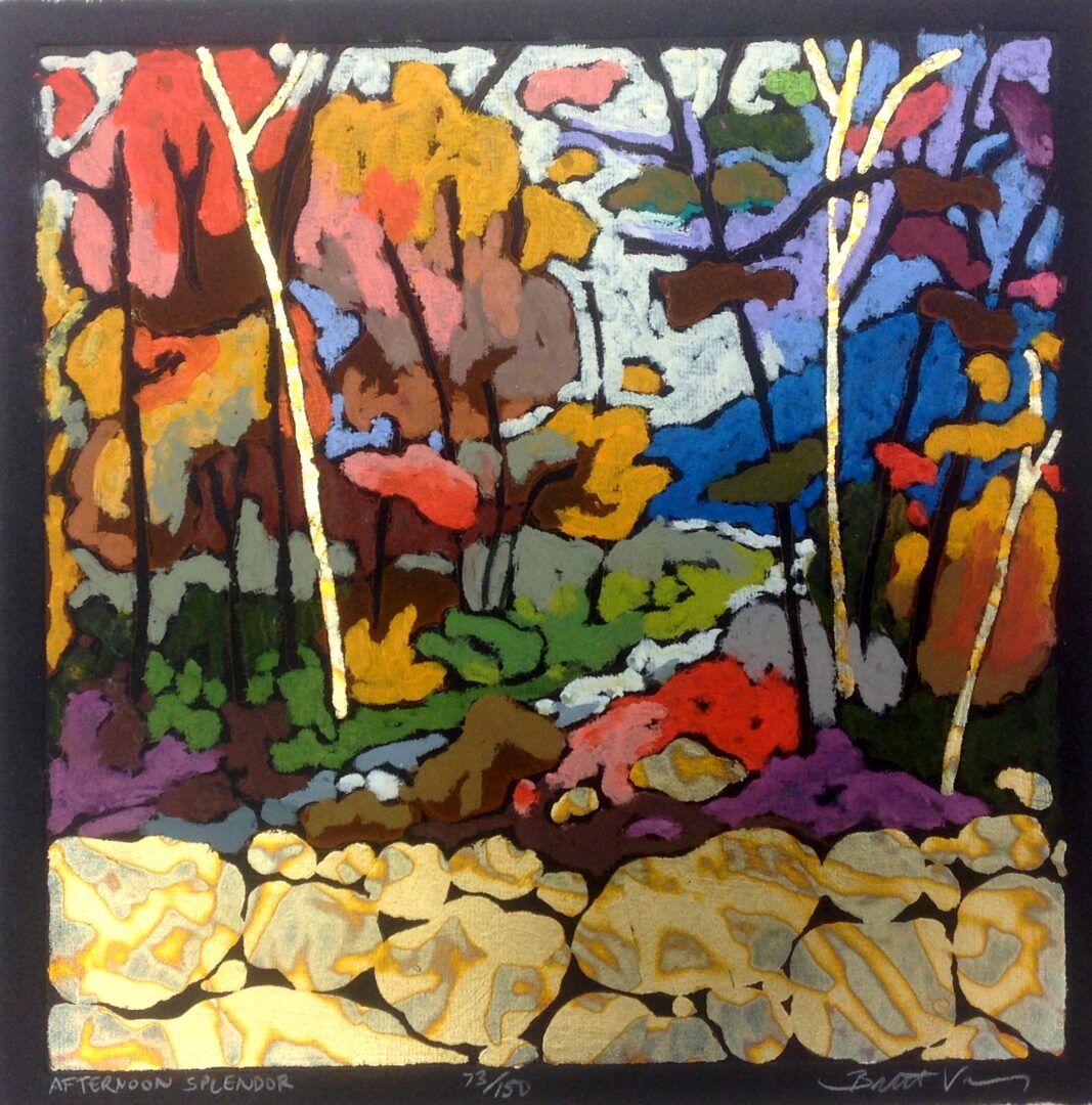 A painting of a forest with trees and rocks.