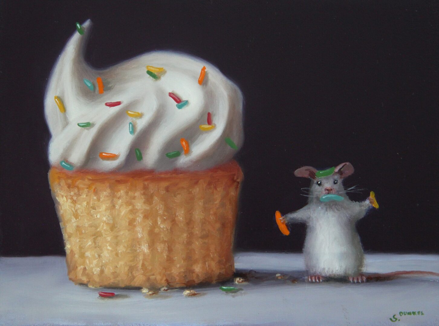 An oil painting of a mouse next to a cupcake.