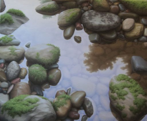 A painting of rocks and moss in a stream.