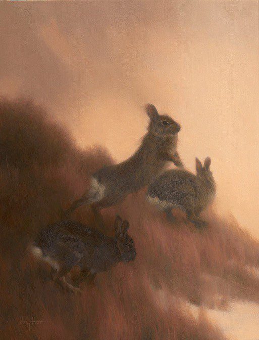 A painting of rabbits running on a hill.