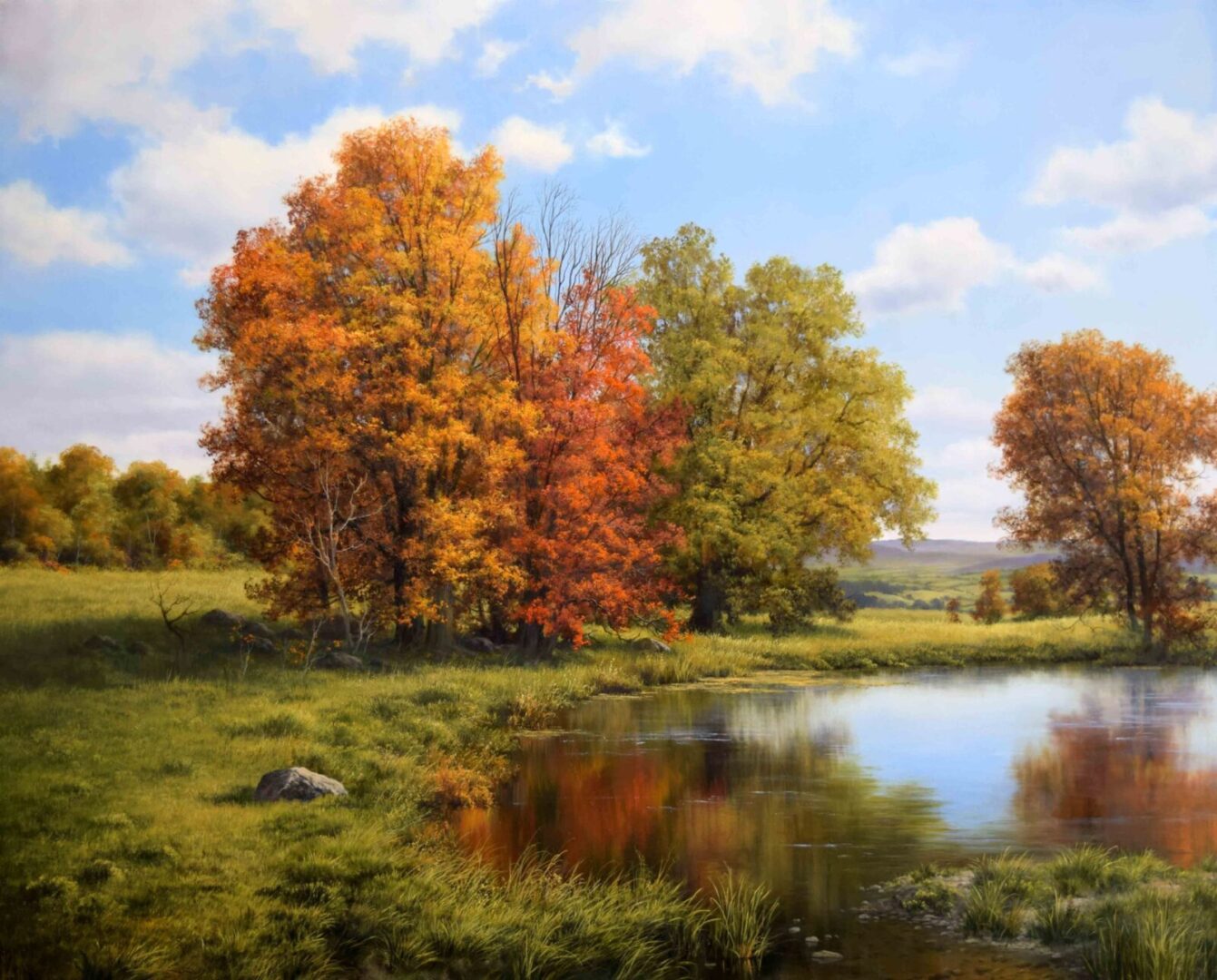 A painting of autumn trees and a pond.