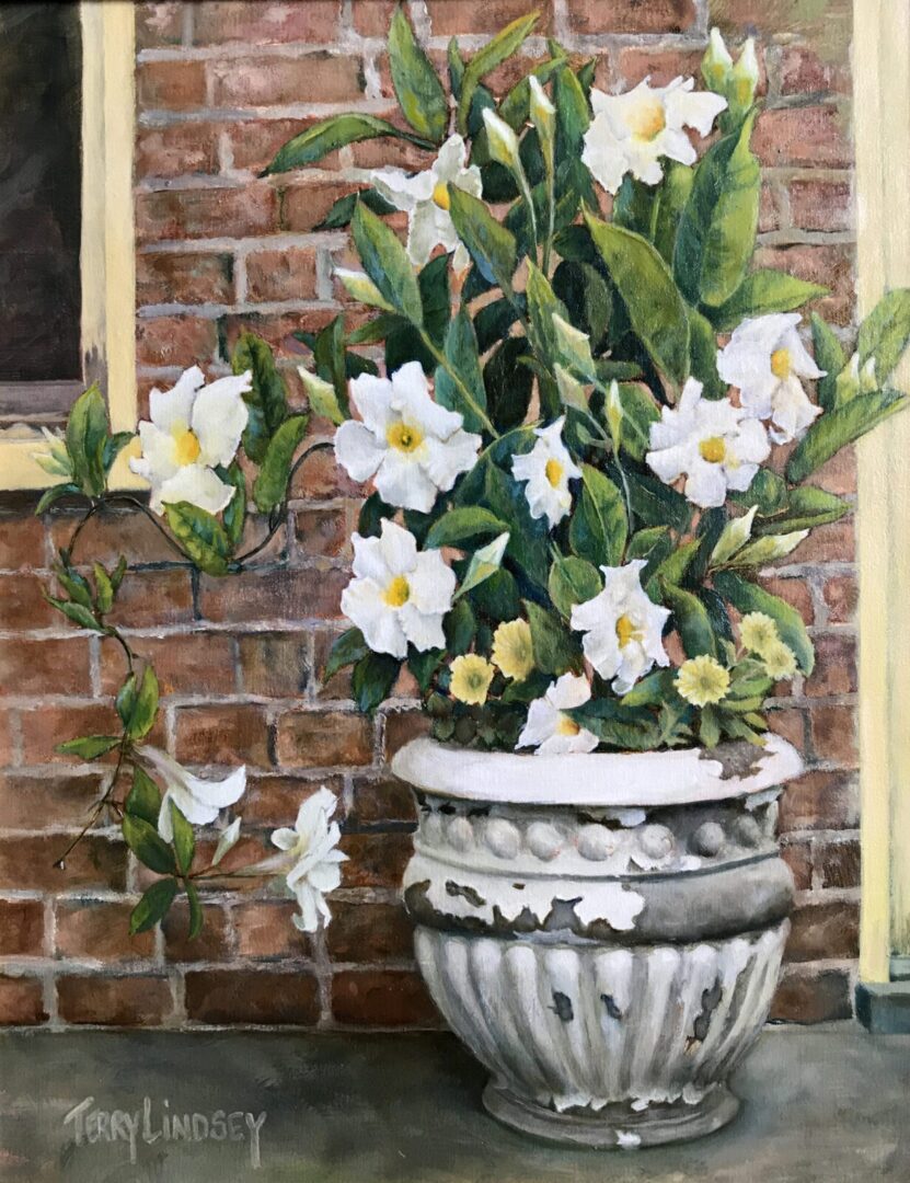 A painting of white flowers in a pot on a brick wall.