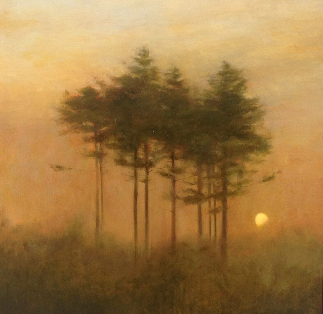 A painting of trees in a misty field.