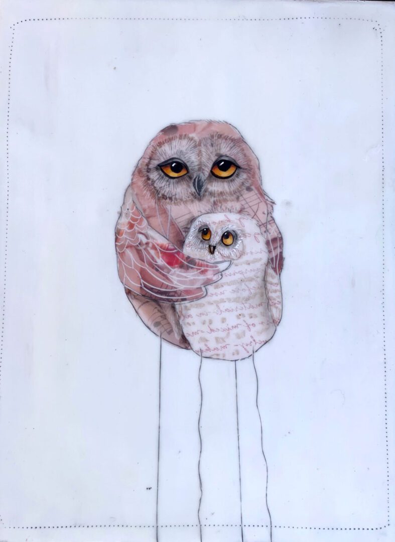 A drawing of an owl and a baby owl.