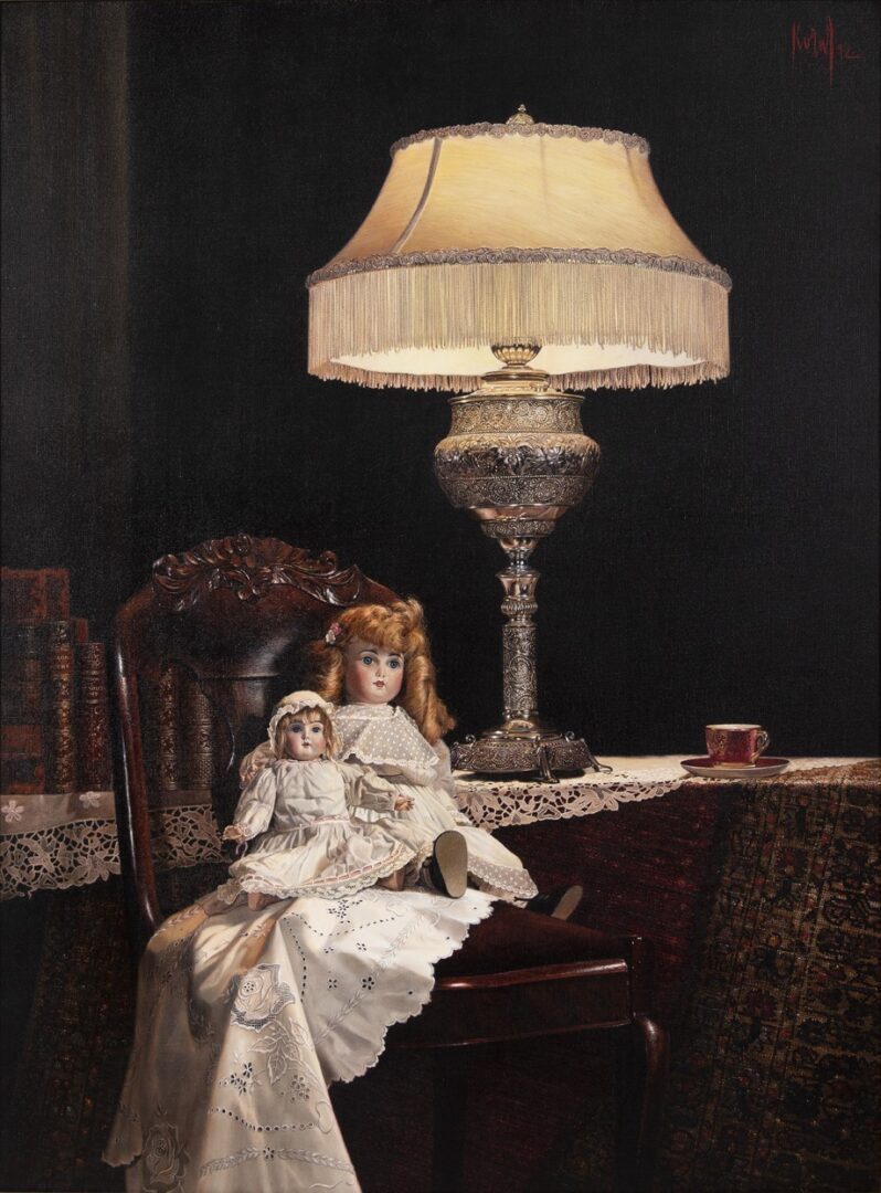 A painting of a doll sitting next to a lamp.