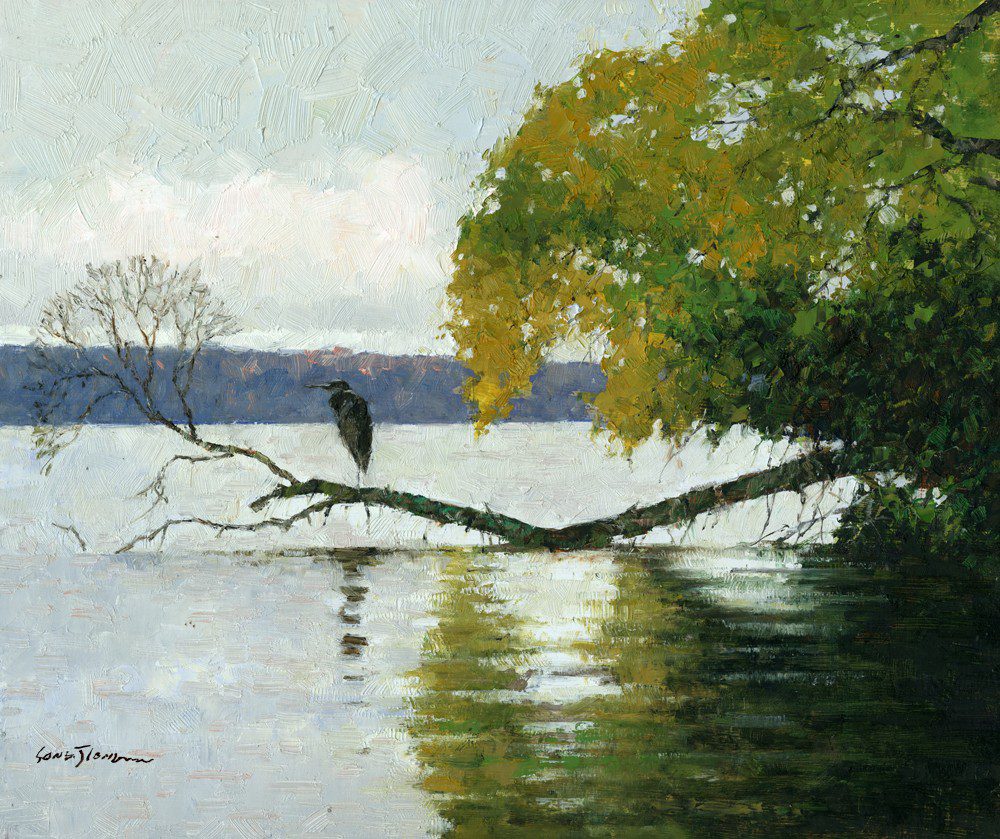 A painting of a bird perched on a tree branch.