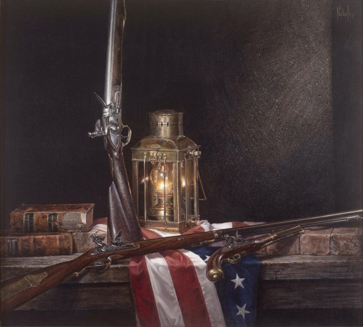 A painting of an american flag with rifles and books.